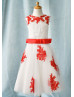 Beaded Red Lace Tulle Corset Back Knee Length Flower Girl Dress